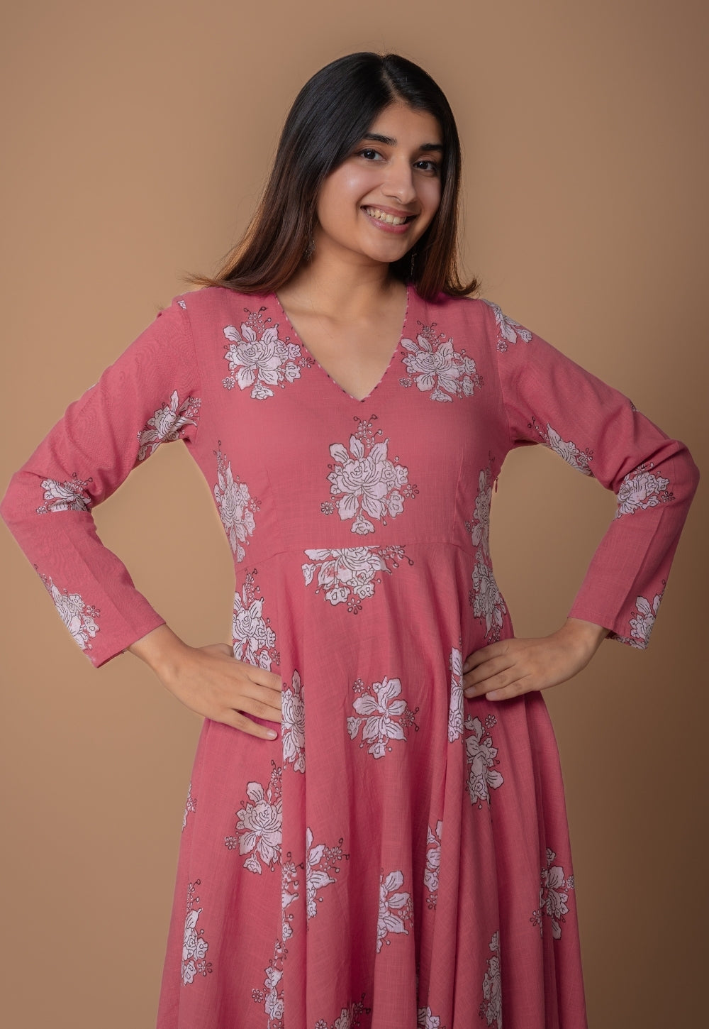 Ruvika Pink Dabu Slub Cotton A Line Kurta