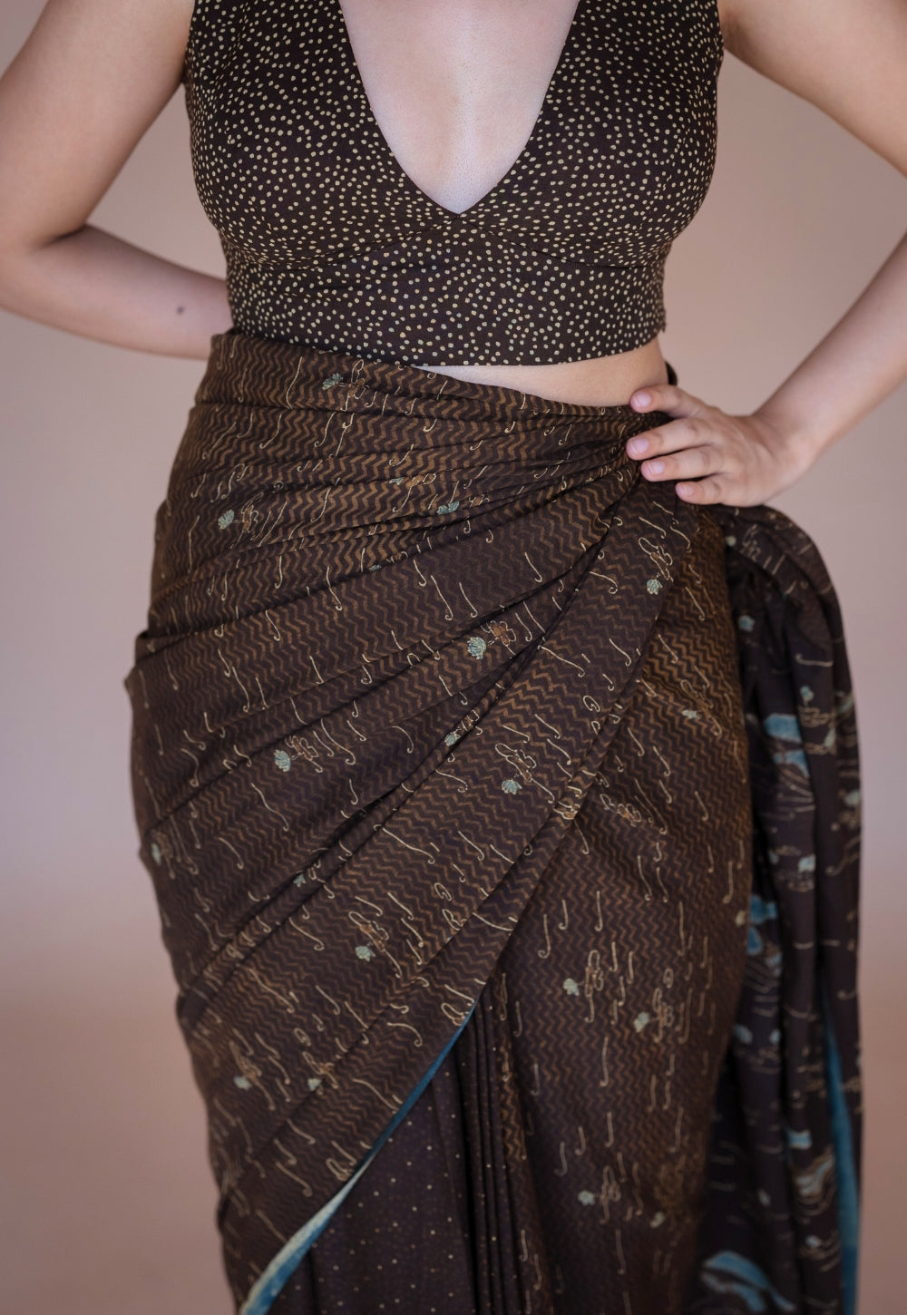 Brown Boat Ajrakh Hand Block Print Mul Saree
