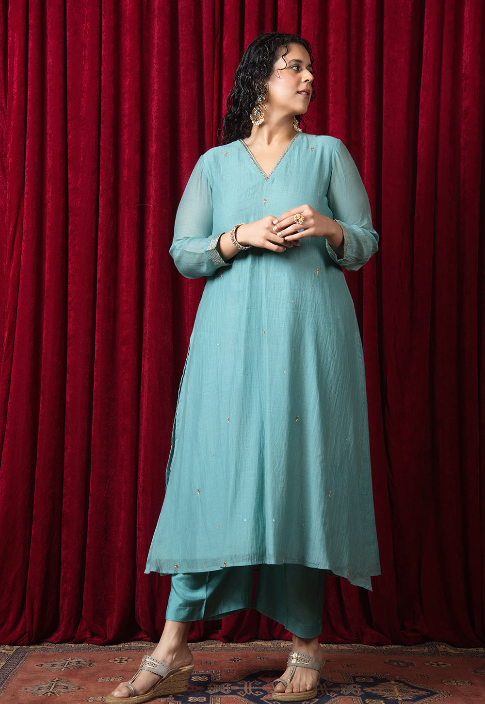 Yashi Blue Solid Muslin Straight Pant