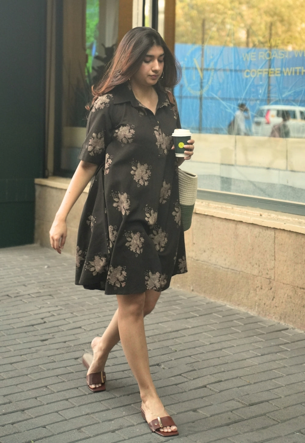 Srisha Brown Dabu Slub Cotton A Line Dress