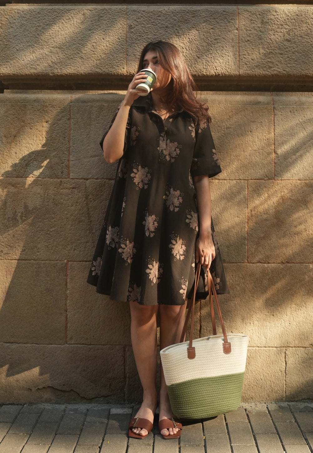 Srisha Brown Dabu Slub Cotton A Line Dress