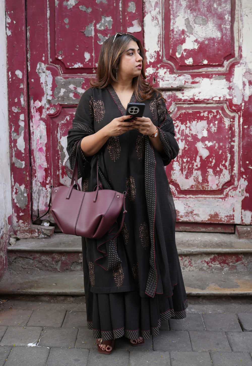 Zeenat Brown Dabu Slub Cotton Straight Kurta