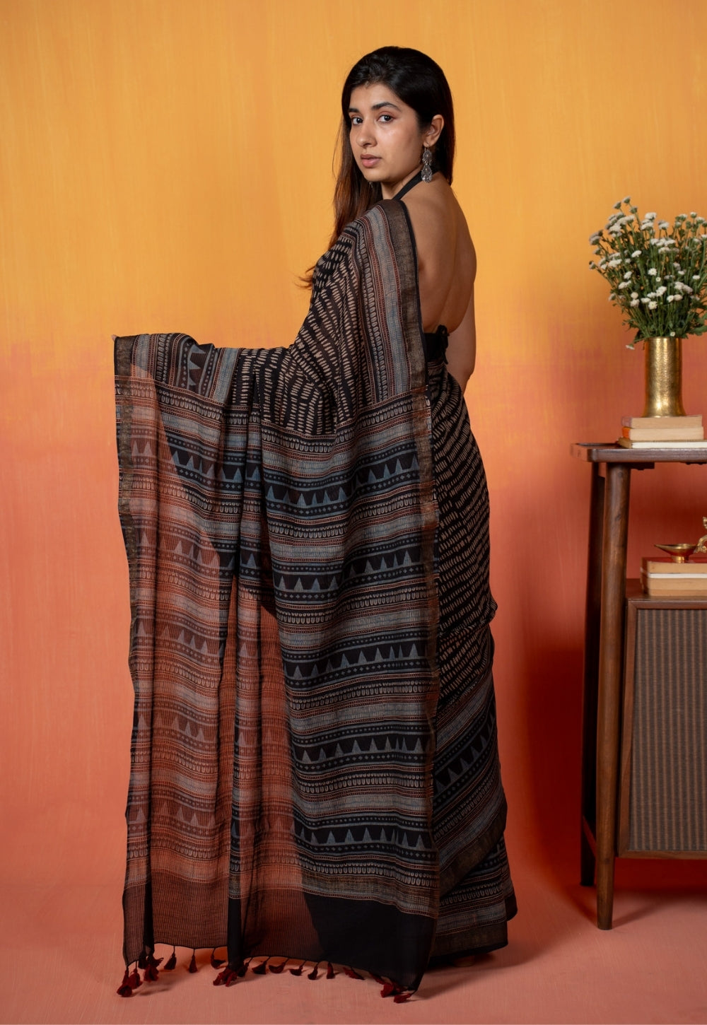 Black Objects Ajrakh Hand Block Print Maheshwari Saree