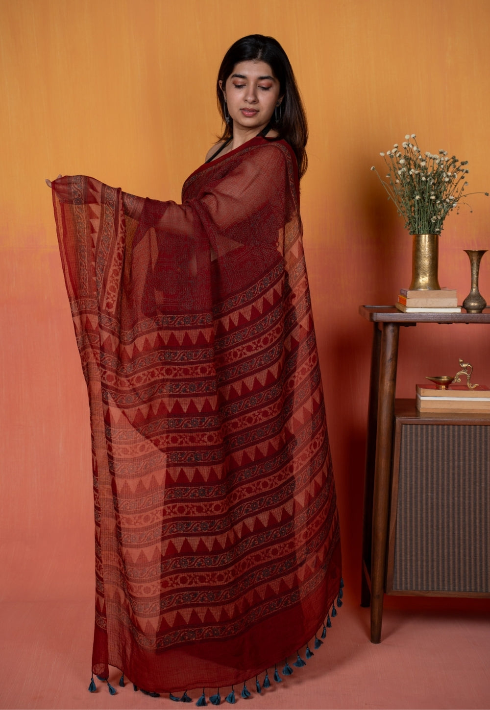 Red Tribal Ajrkah Hand Block Print Kota Doria Cotton Saree