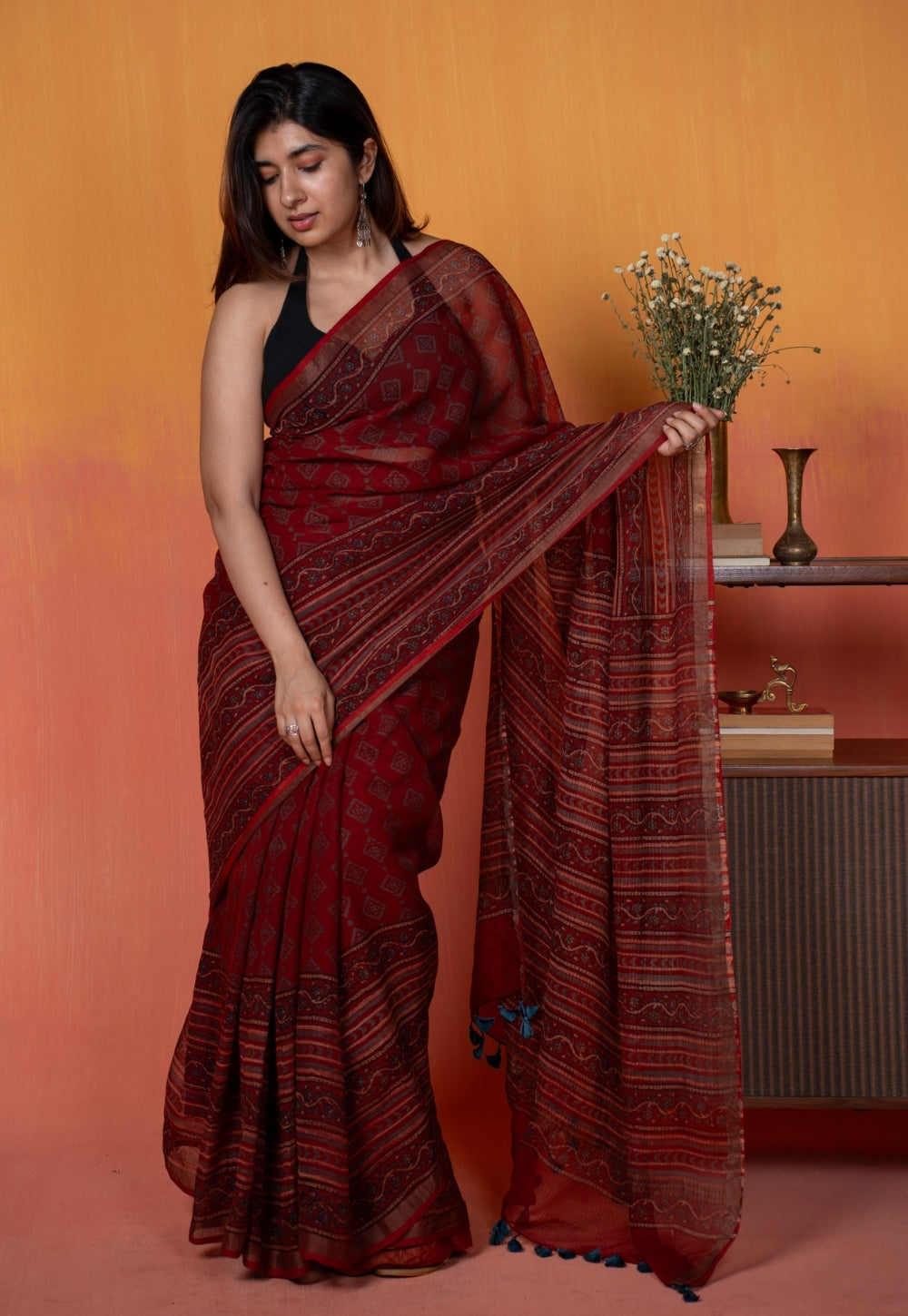 Red Aztec Ajrakh Hand Block Print Kota Doria Cotton Saree