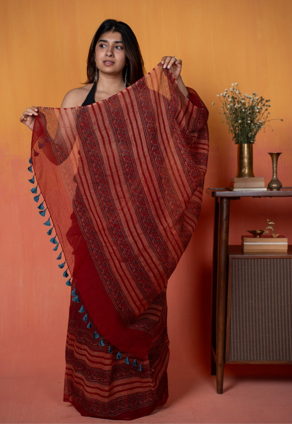Red Mughal Ajrkah Hand Block Print Kota Doria Saree