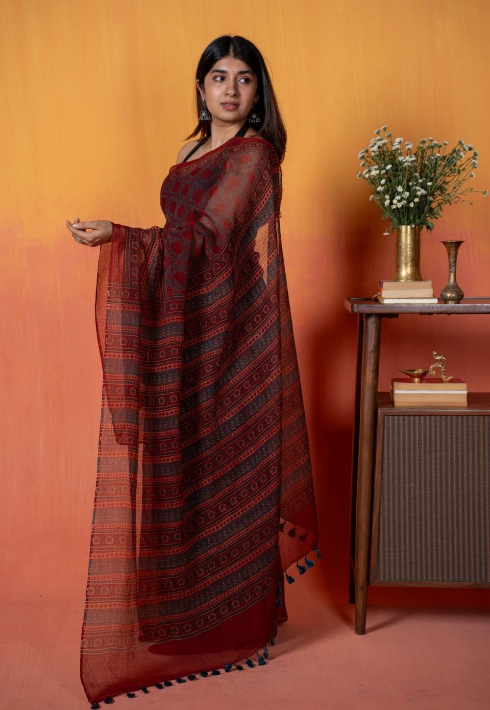 Red Floral Jaal Ajrakh Hand Block Print Kota Doria Cotton Saree