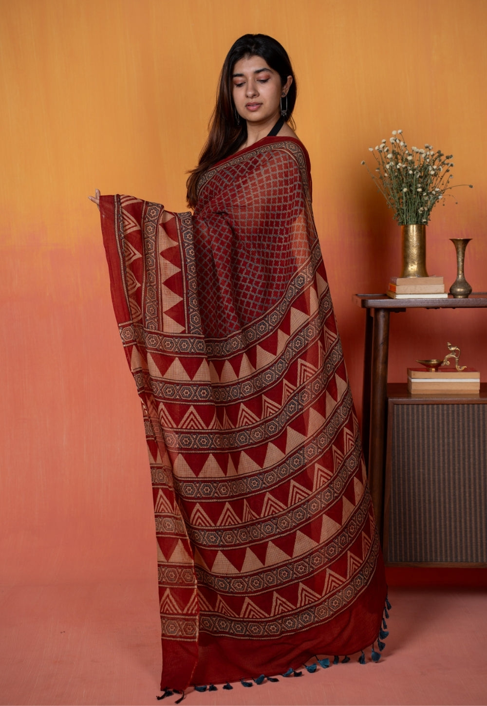 Red Geometric Ajrakh Hand Block Print Kota Doria Cotton Saree
