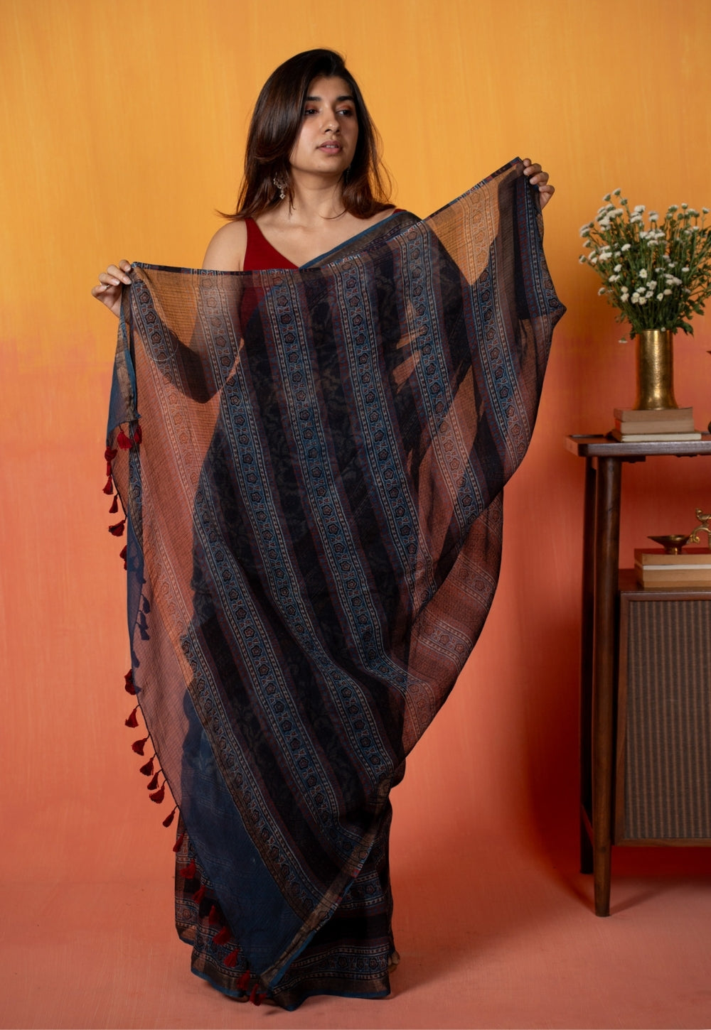 Black Floral Jaal Ajrakh Hand Block Print Kota Doria Cotton Saree