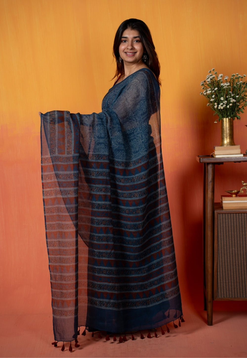 Blue Traditional Ajrakh Hand Block Print Kota Doria Cotton Saree