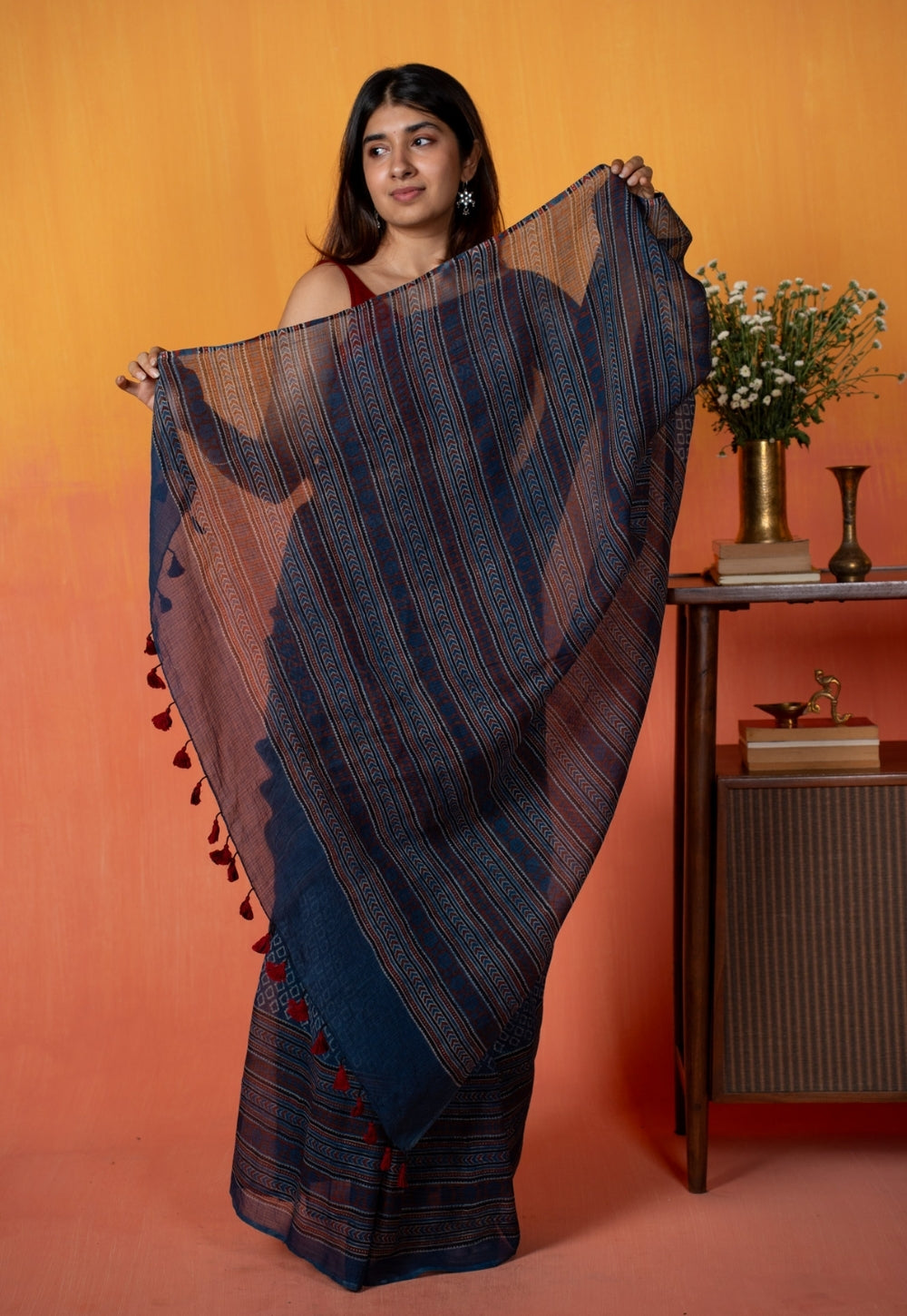 Blue Floral Border Ajrakh Hand Block Print Kota Doria Cotton Saree