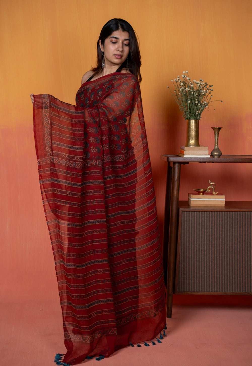 Red Floral Butta Ajrkah Hand Block Print Kota Doria Cotton Saree