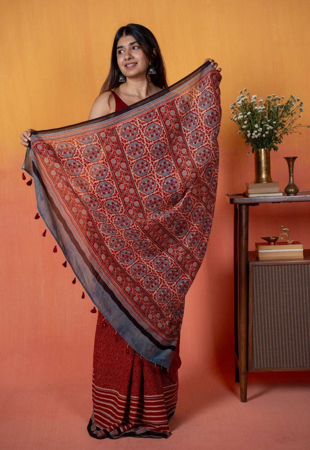 Red Stripe Ajrakh Hand Block Print Mul Saree