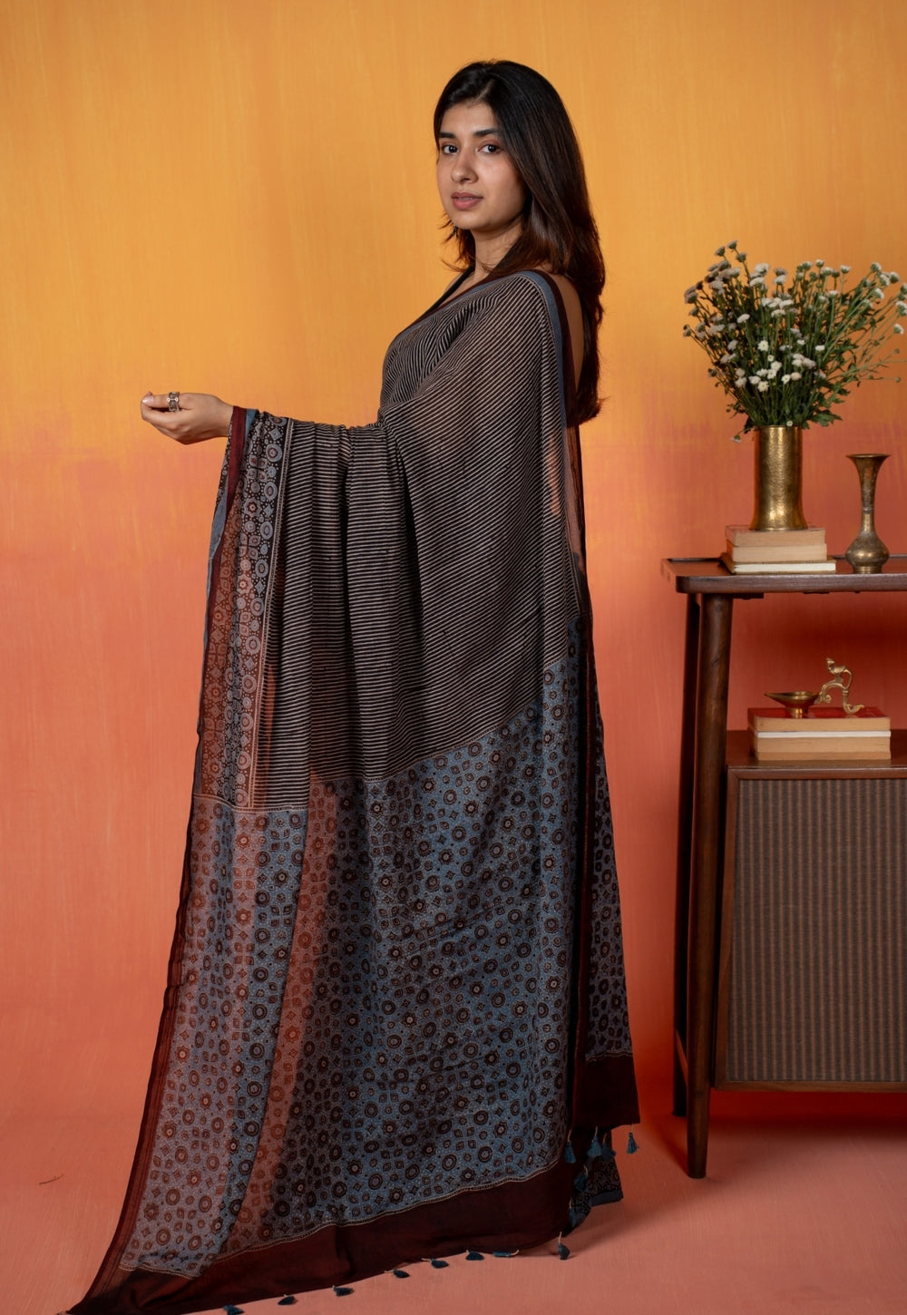 Black Pinstripe Ajrakh Hand Block Print Mul Saree