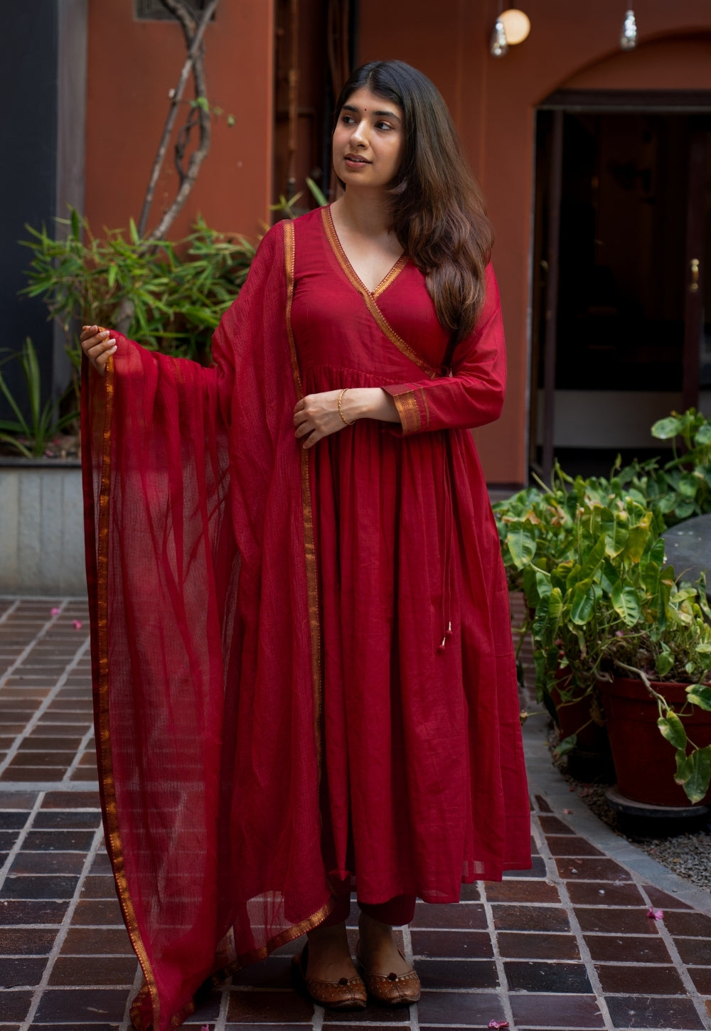 Jina Red Mangalgiri Cotton Angarakha Kurta with Nizam Border