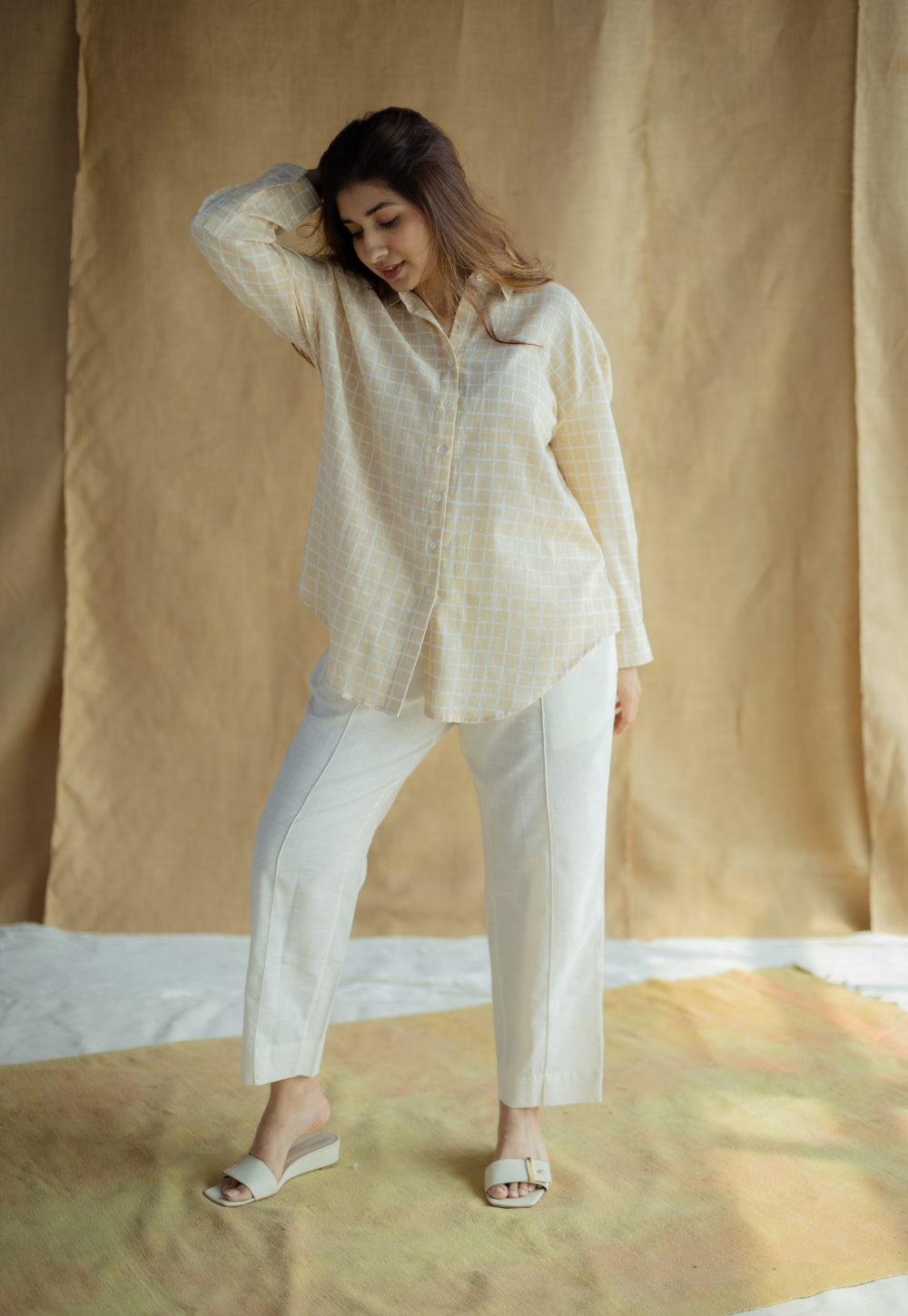 Ruhi Cream Hand Block Print Slub Cotton Anti-Fit Shirt