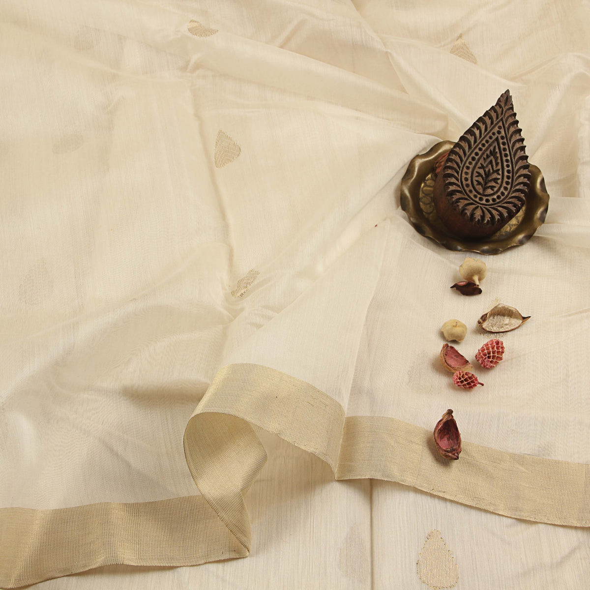 Off White Chanderi Silk Handwoven Fabric