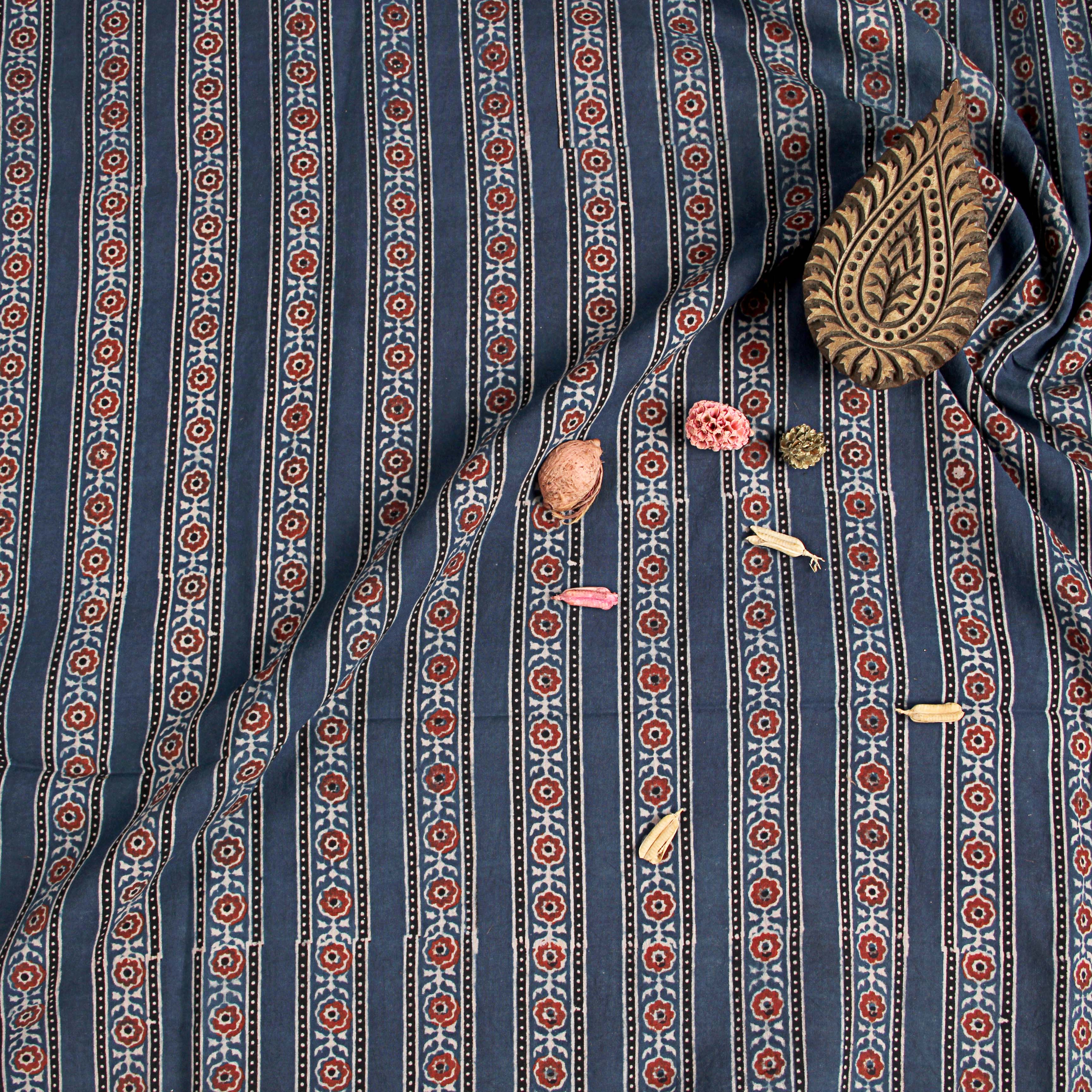 Blue Floral Ajrakh Hand Block Print Cotton Fabric