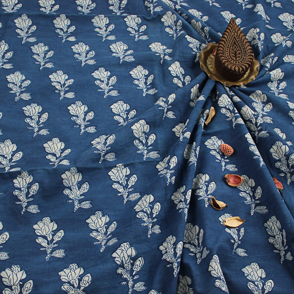 Blue Floral Dabu Hand Block Print Cotton Fabric