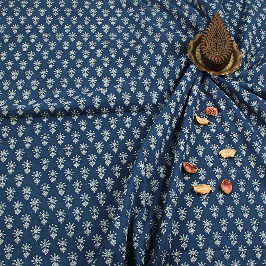 Blue Butti Dabu Hand Block Printed Cotton Fabric