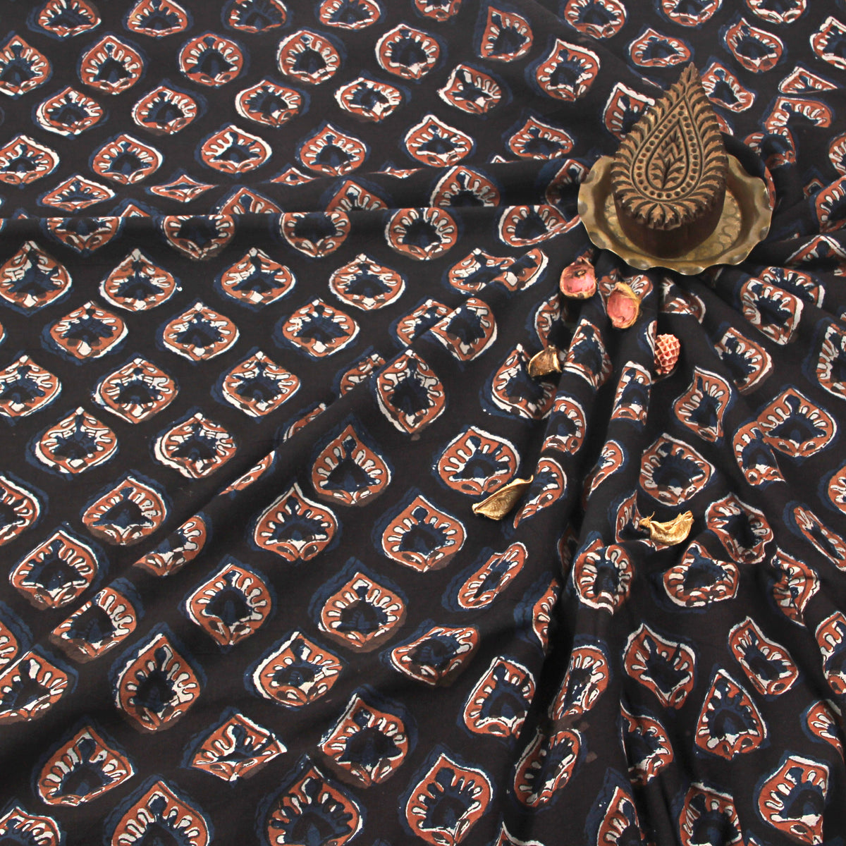 Black Butta Jahota Hand Block Print Cotton Fabric.