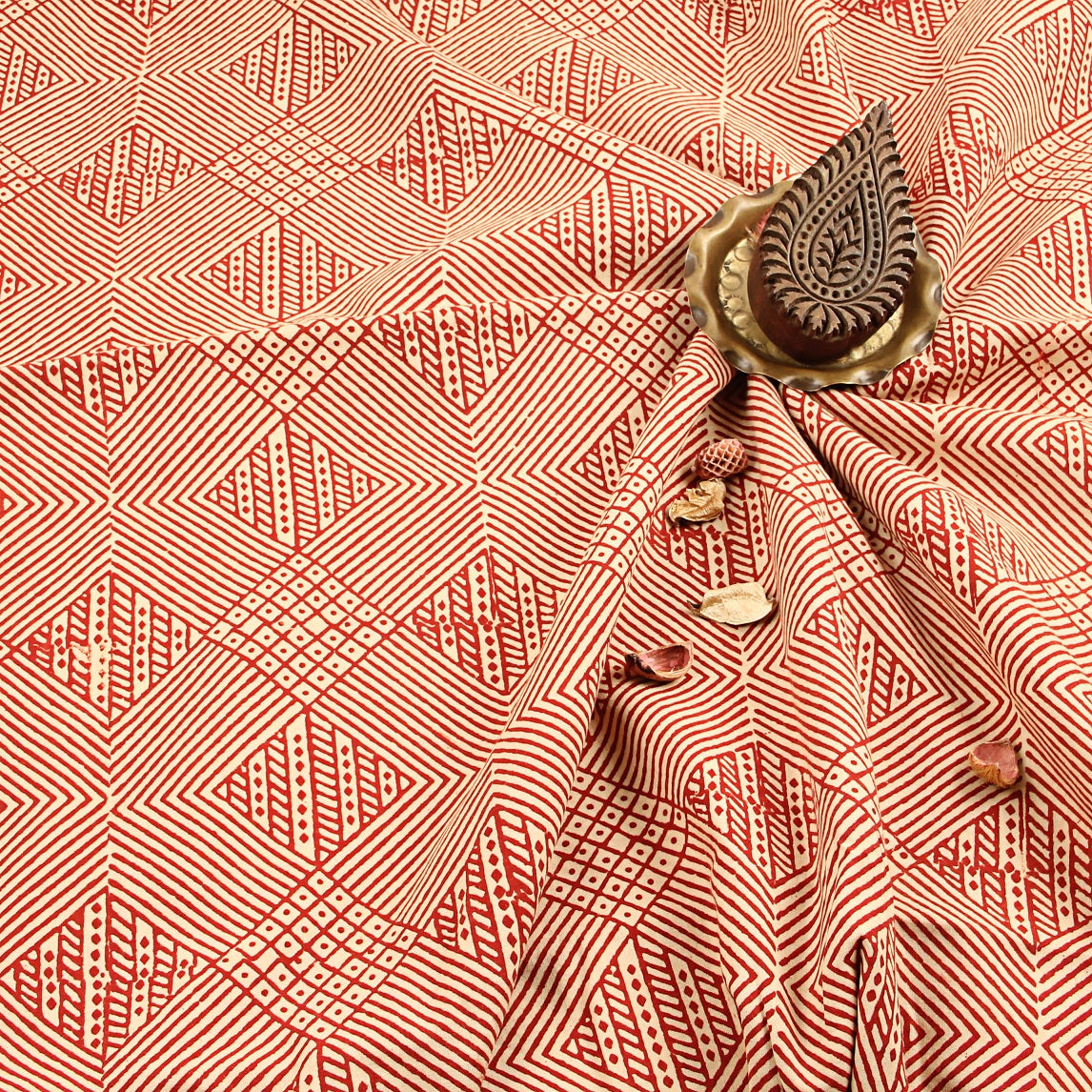 Red Geometric Fakira Hand Block Print Cotton Fabric