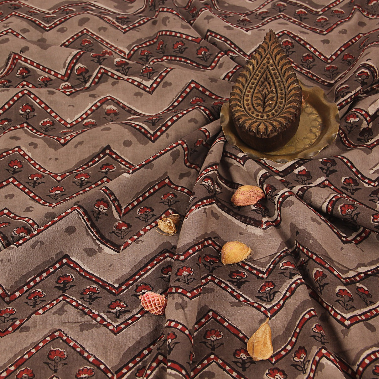 Brown Geometric Jahota Hand Block Print Mul Cotton Fabric