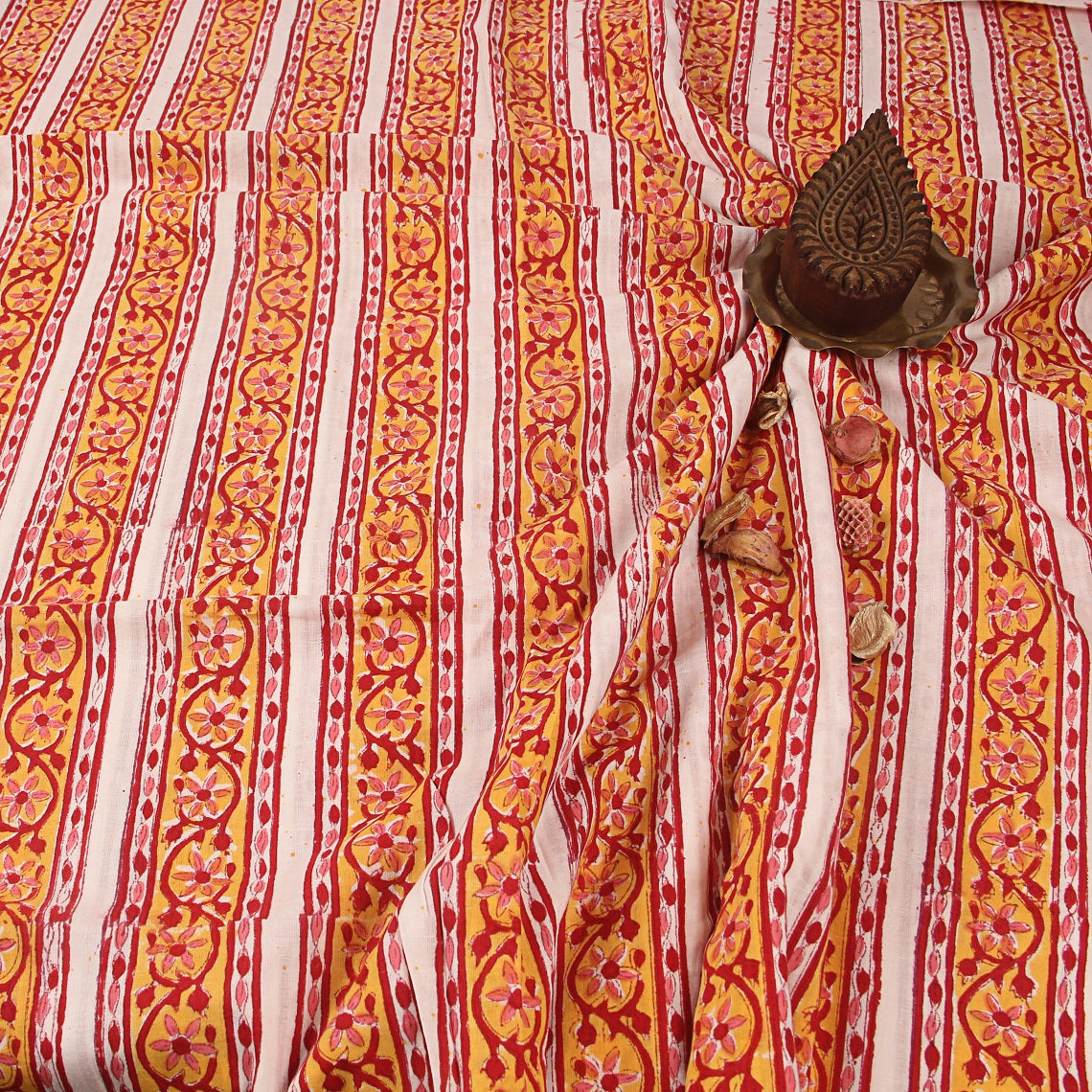 Yellow Floral Sanganeri Hand Block Printed Cotton Fabric