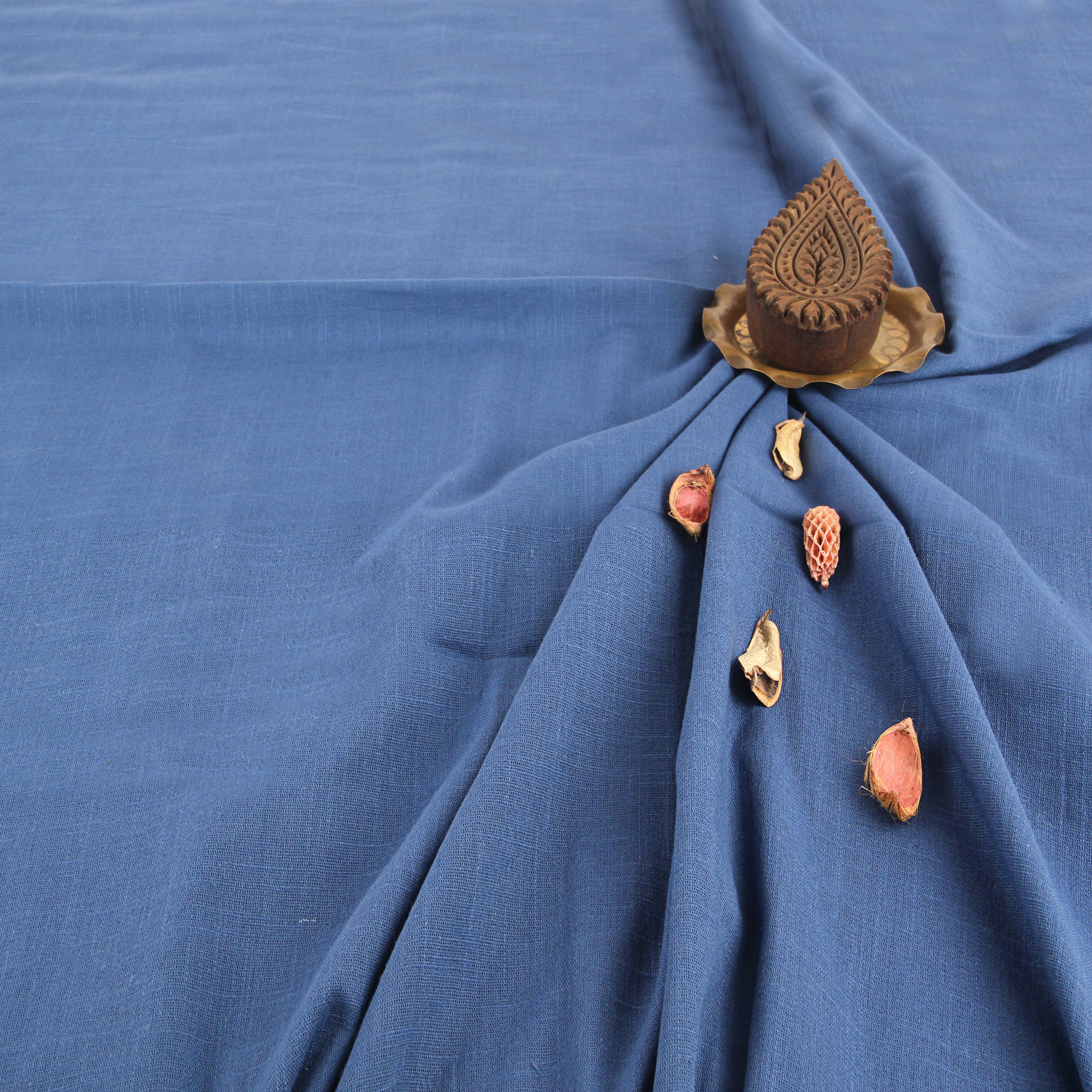 Blue Solid Dyed Slub Cotton Plain Fabric