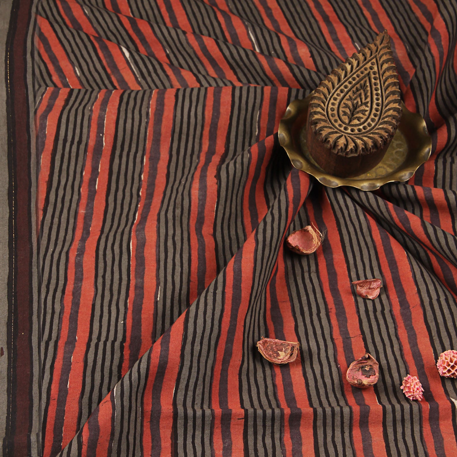 Black Stripes Dabu Hand Block Print Cotton Fabric