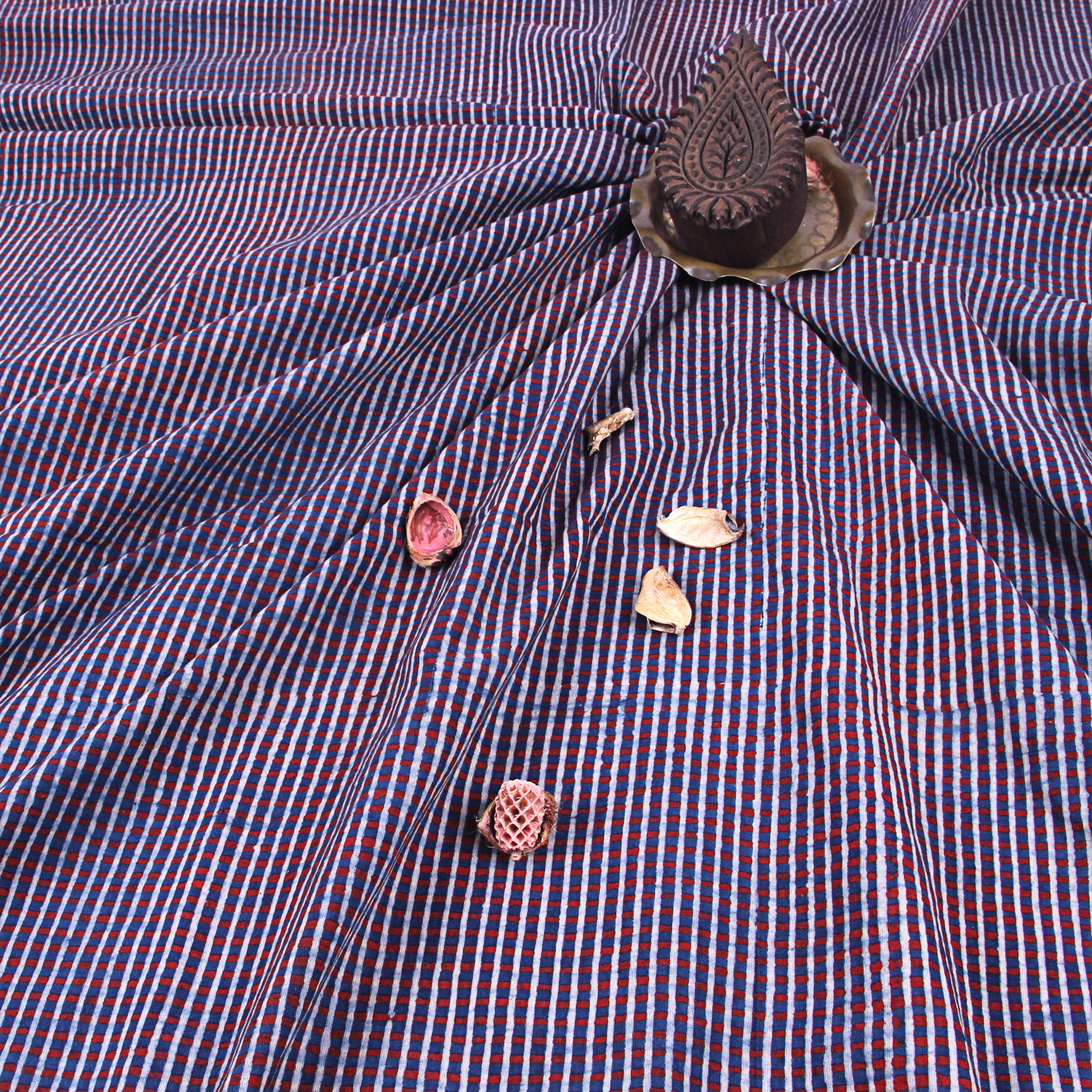 Red Checks Ajrakh Hand Block Print Cotton Fabric