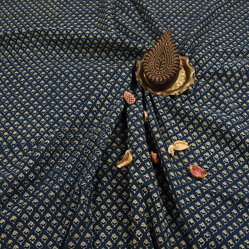 Blue Butti Ajrakh Hand Block Print Cotton Fabric