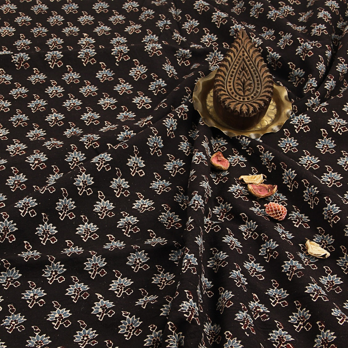 Black Butti Ajrakh Hand Block Print Fabric