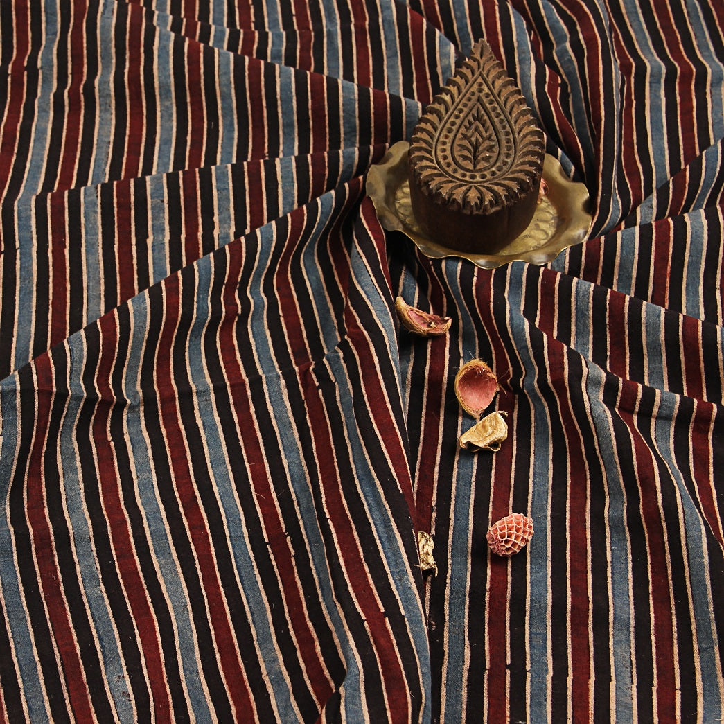 Multi Stripes Ajrakh Hand Block Print Cotton Fabric