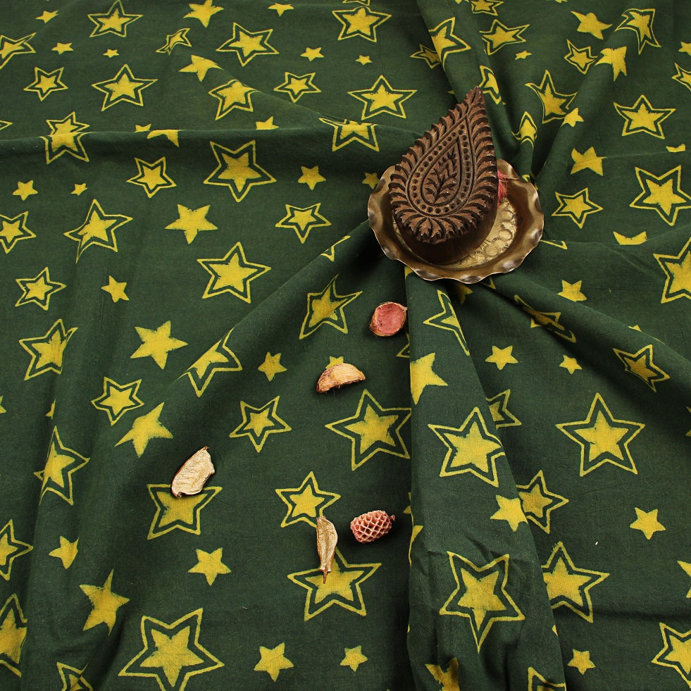 Green Celestial Ajrakh Hand Block Print Cotton Fabric