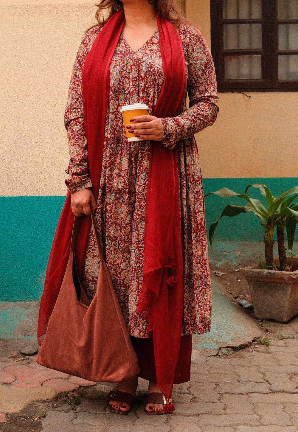 Farha Red Kalamkari Cotton A Line Kurta