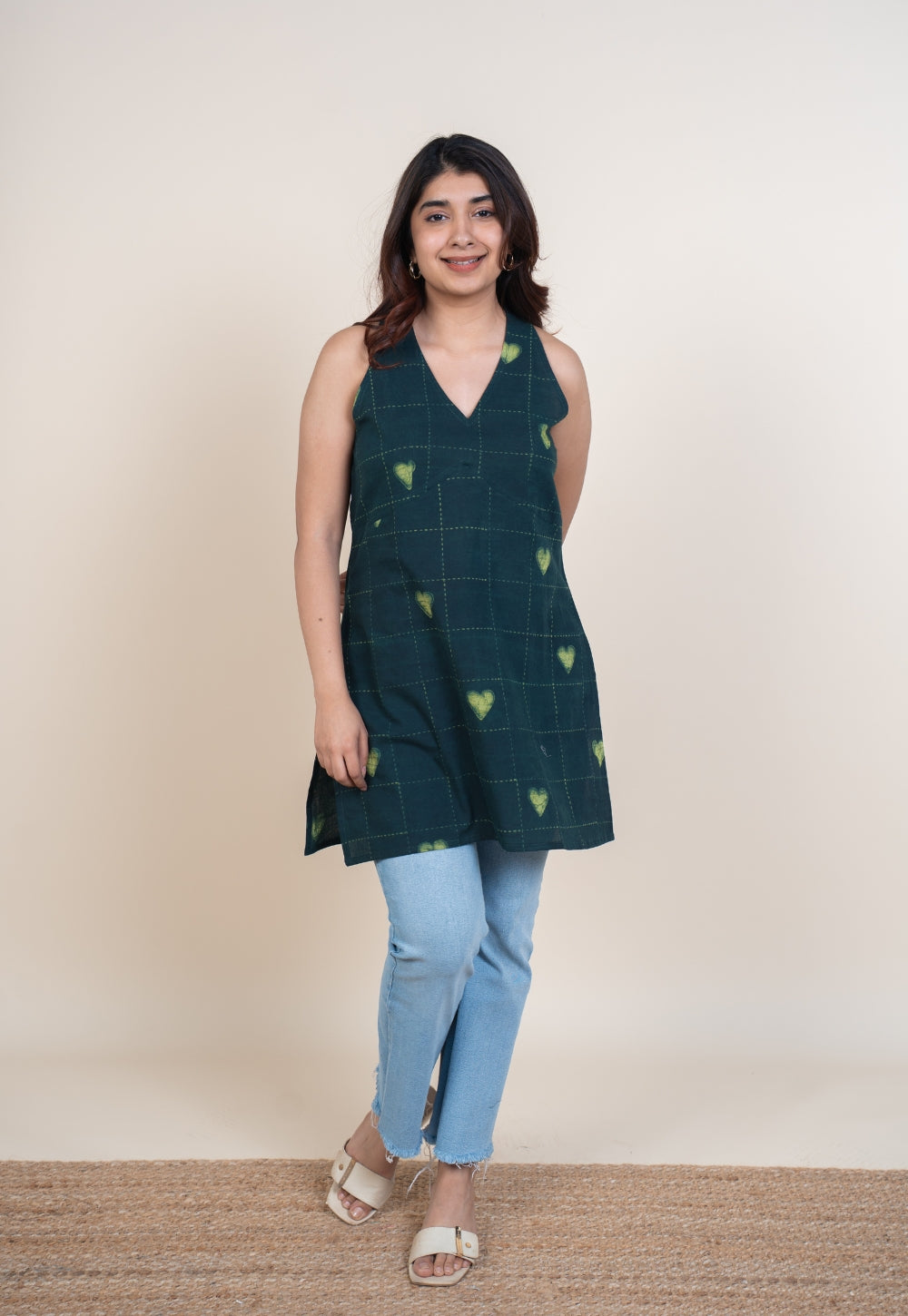 Sivya Green Dabu Cotton Straight Short Top