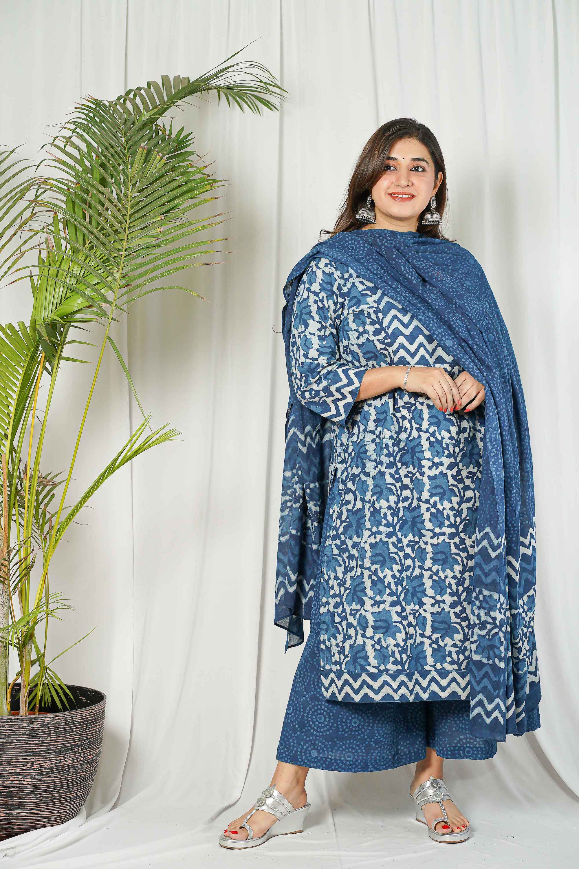 Indigo Dabu Patchwork Cotton Kurta Set