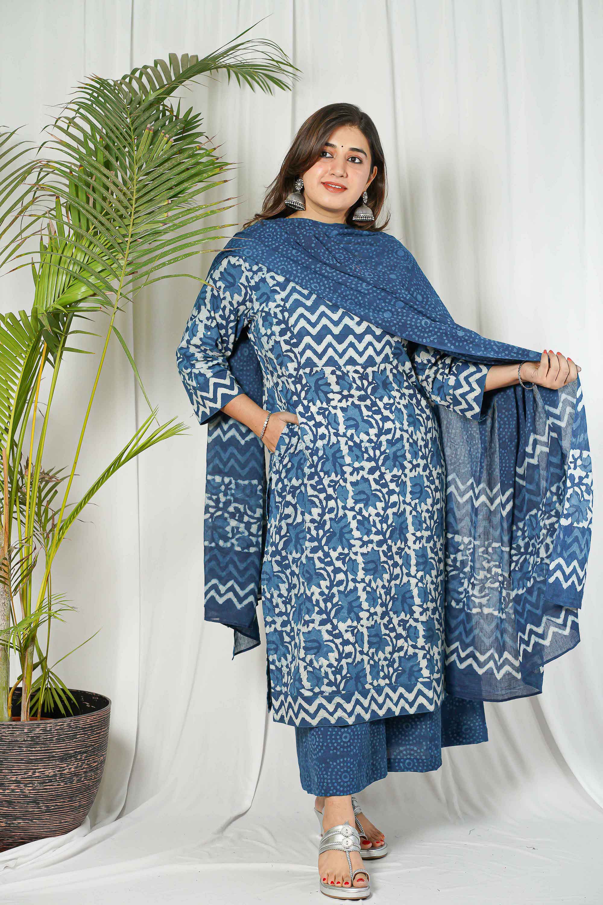 Indigo Dabu Patchwork Cotton Kurta Set