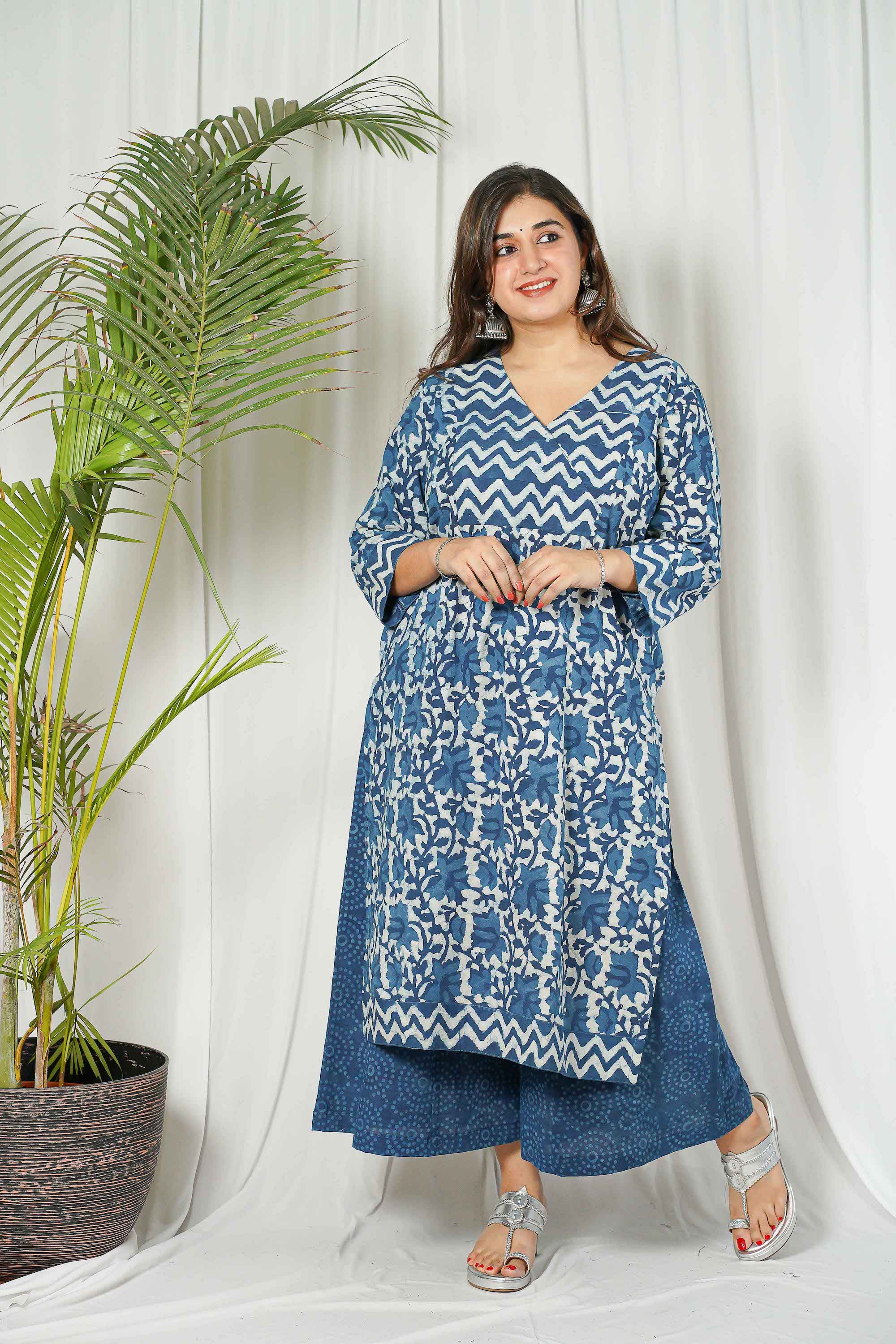 Indigo Dabu Patchwork Cotton Kurta Set