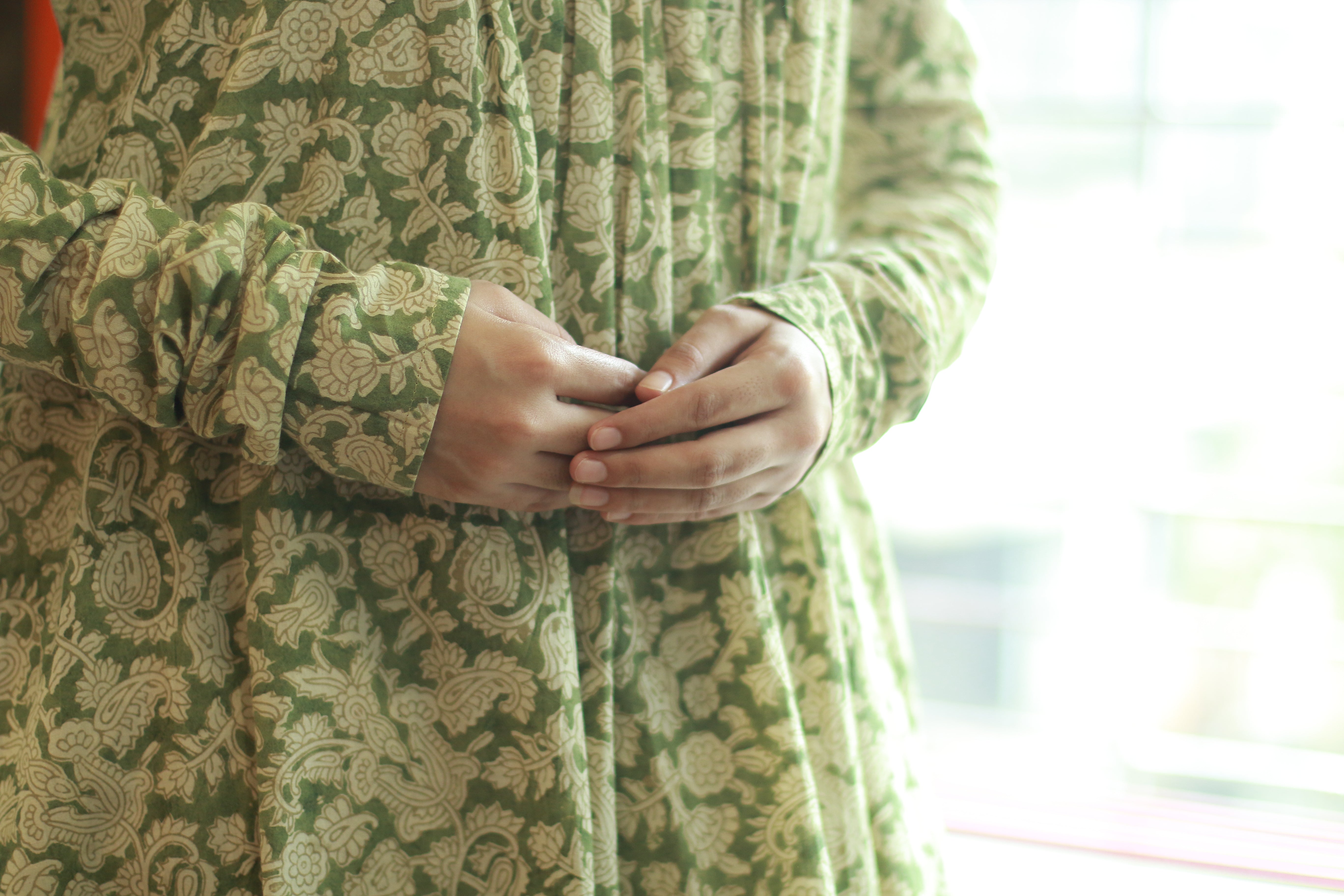Ahaana Olive Kalamkari Natural Dyed Chudi Sleeves Kurta