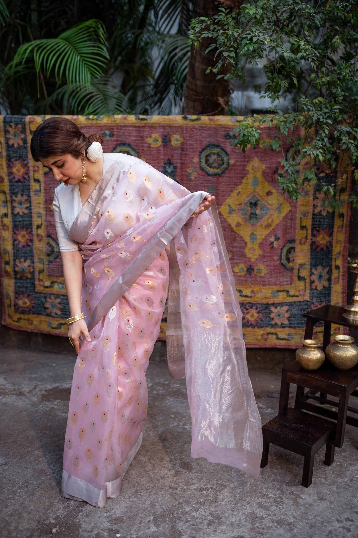 Light Pink Chanderi Sunflower Butta Organza Saree