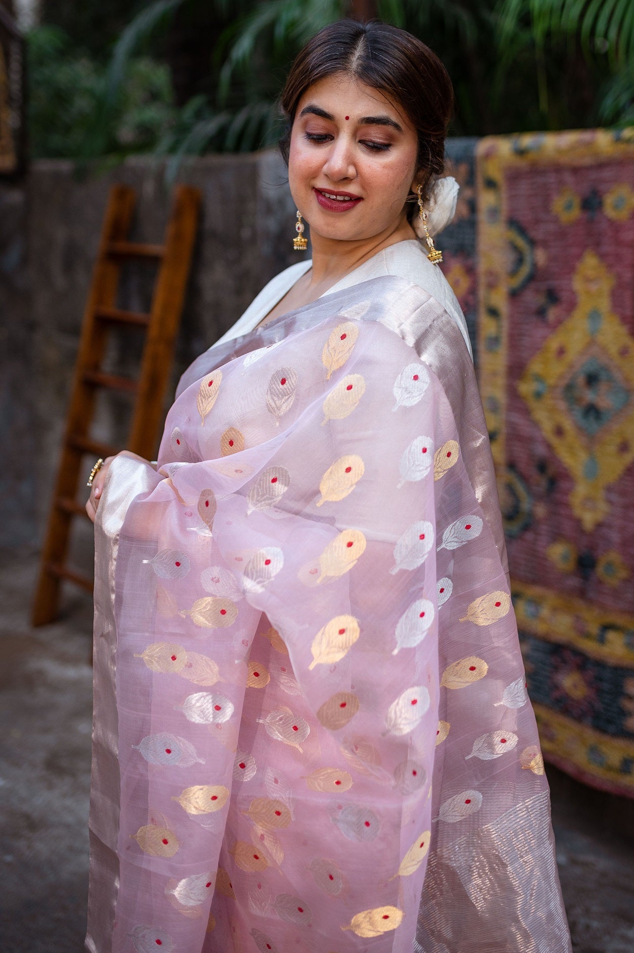 Light Pink Chanderi Sunflower Butta Organza Saree