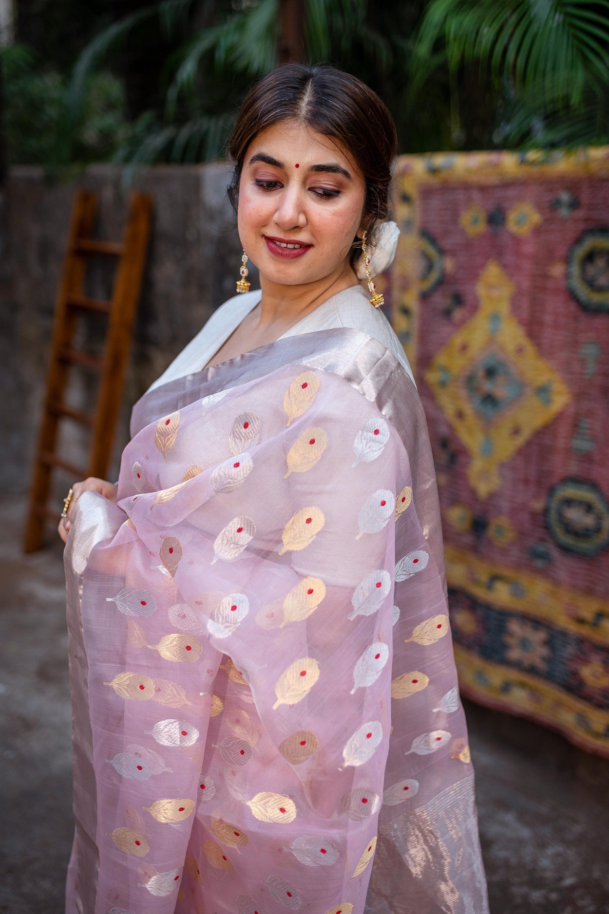 Light Pink Chanderi Sunflower Butta Organza Saree