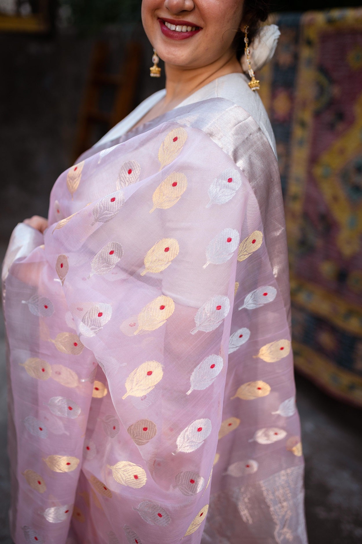 Light Pink Chanderi Sunflower Butta Organza Saree