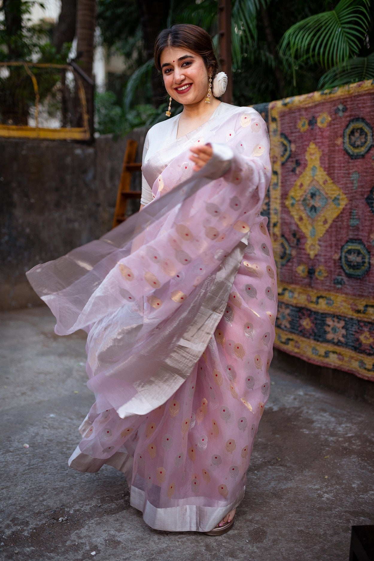 Light Pink Chanderi Sunflower Butta Organza Saree