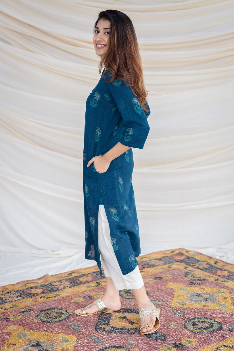 Jinal Slub Cotton Indigo Kurta