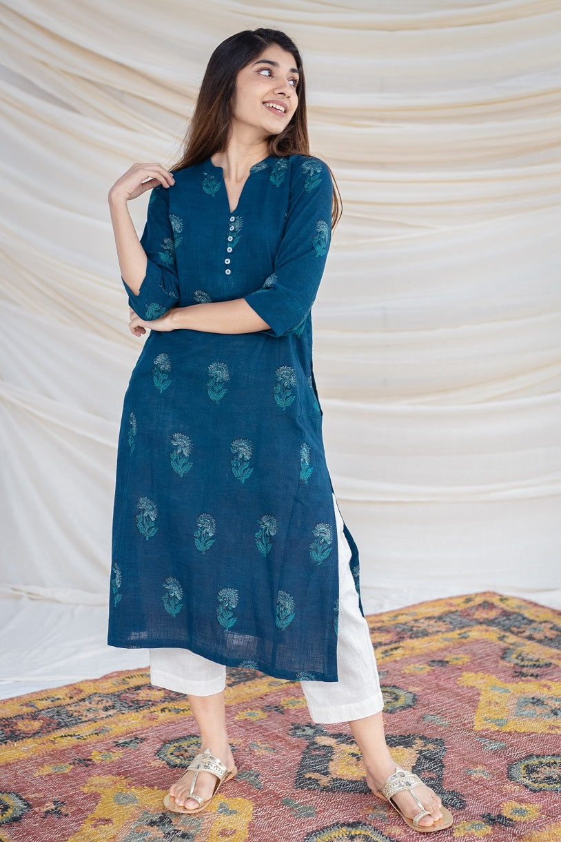 Jinal Slub Cotton Indigo Kurta