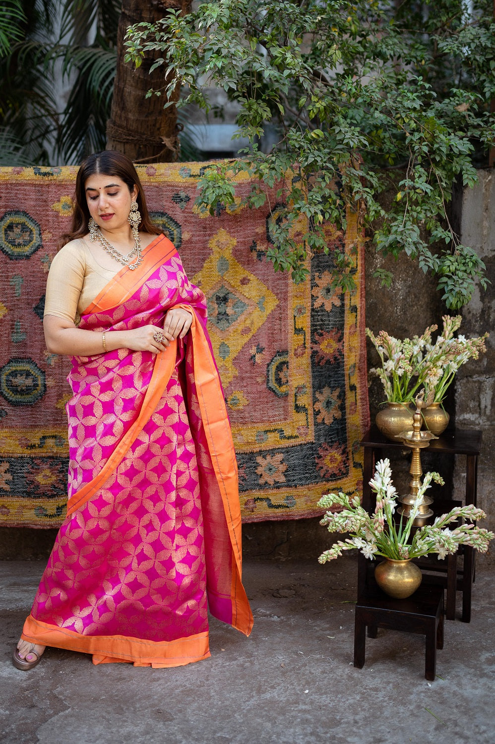 Pink Chanderi Pattu Full Jaal Work Saree