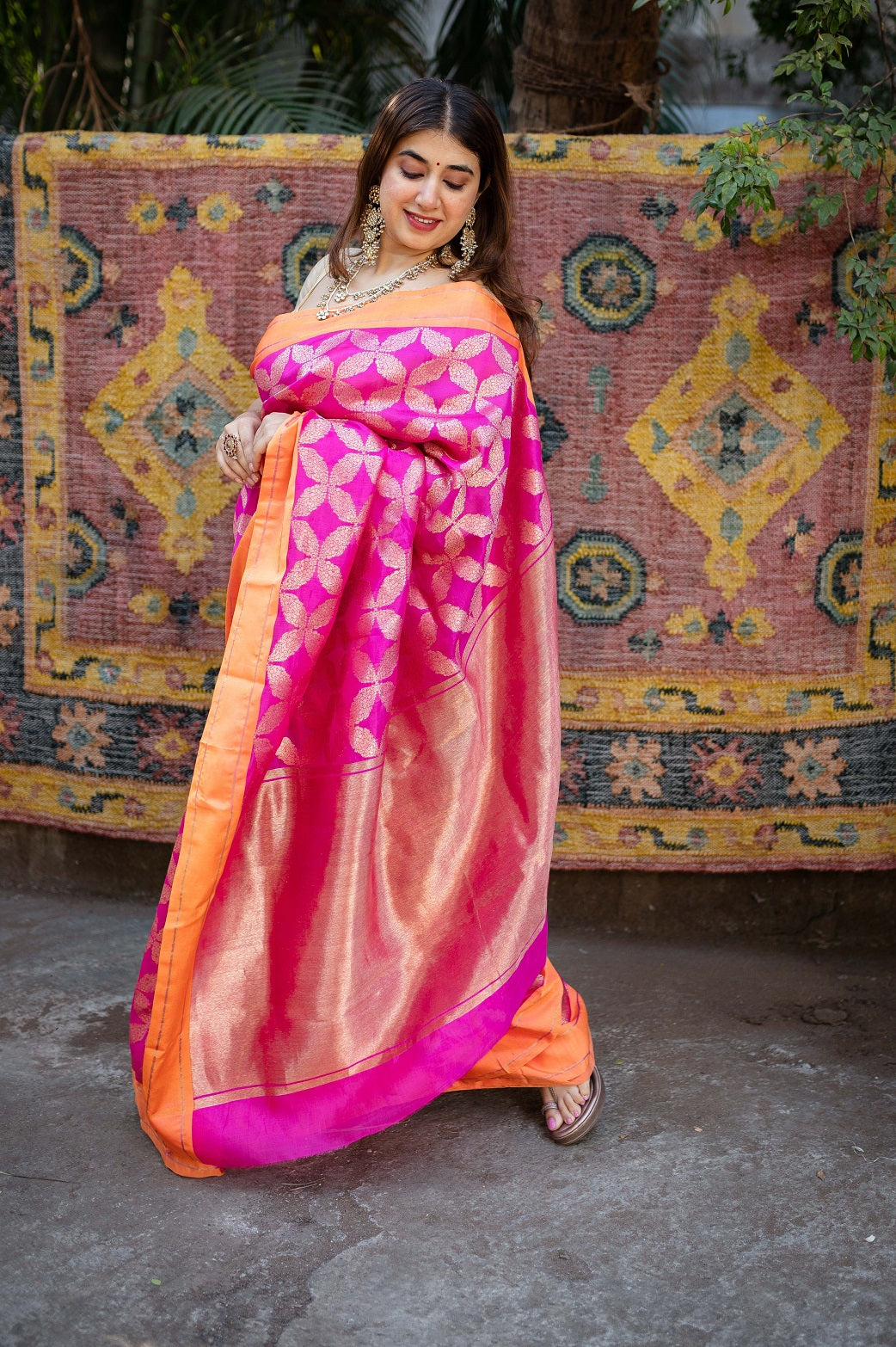 Pink Chanderi Pattu Full Jaal Work Saree